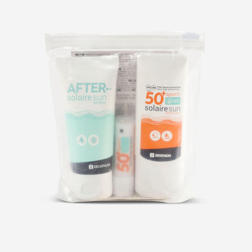 





Kit solaire : crème SPF 50+ / stick lèvres SPF 50+ / gel après soleil